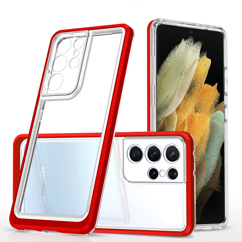 Skaidrus 3in1 dėklas, skirtas Samsung Galaxy S21 Ultra 5G gelio dangtelis su raudonu rėmeliu