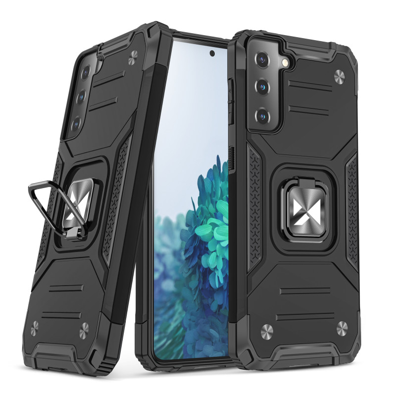 Wozinsky Ring Armor šarvuotas hibridinis korpuso dangtelis + magnetinis laikiklis Samsung Galaxy S22 juodas