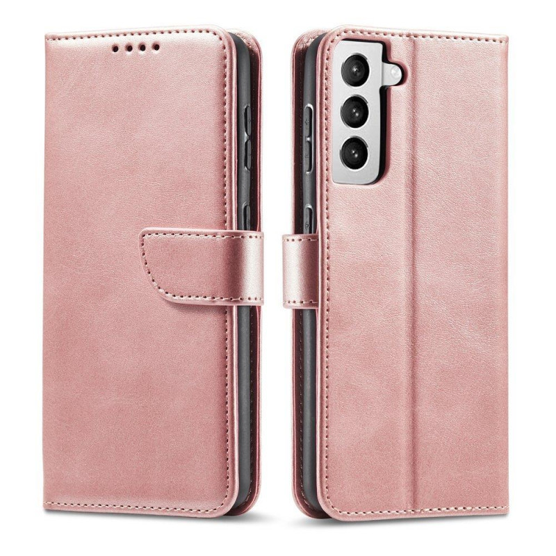 Magnet Case elegantiškas dėklas su atvartu ir stovo funkcija, skirta Samsung Galaxy S22+ (S22 Plus) rožinės spalvos