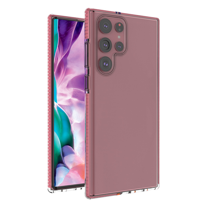 Spring Case gelio dėklas su spalvingu rėmeliu, skirtas Samsung Galaxy S22 Ultra šviesiai rožinės spalvos