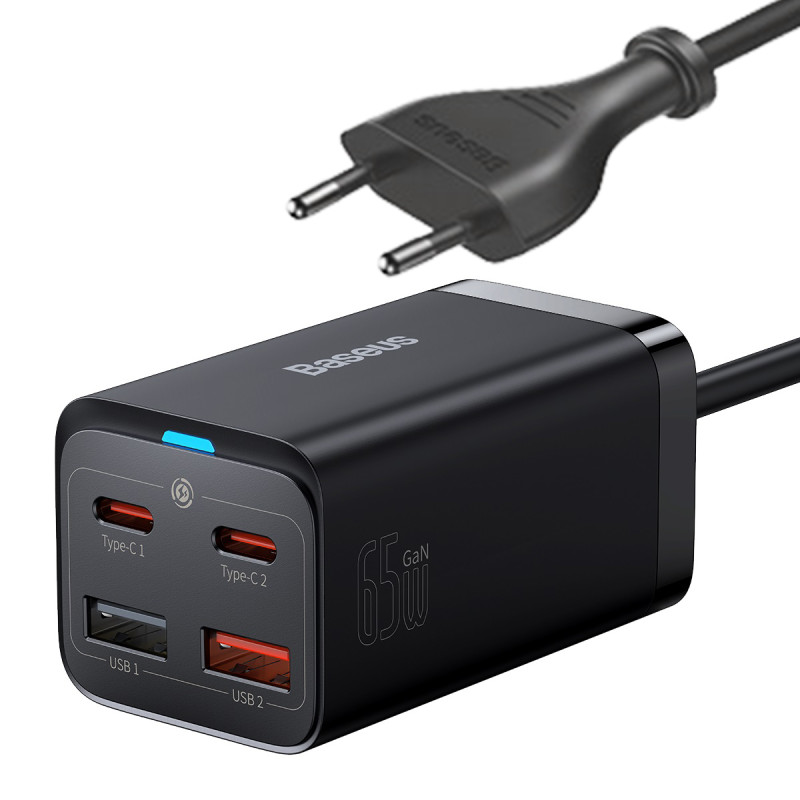 Baseus GaN3 Pro greitas GaN įkroviklis 2 x USB Type C / 2 x USB 65W PD, QC4.0+, AFC, PPS + USB Type C - USB Type C laida...