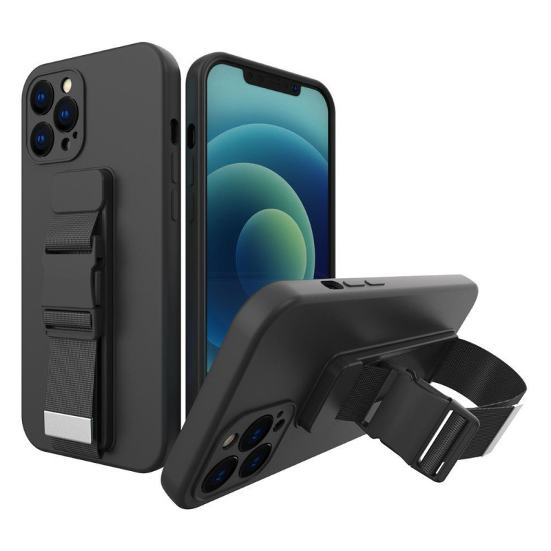 Virvės dėklas, silikoninis dėklas su rankinės dirželiu, skirtas Xiaomi Redmi 10 Black