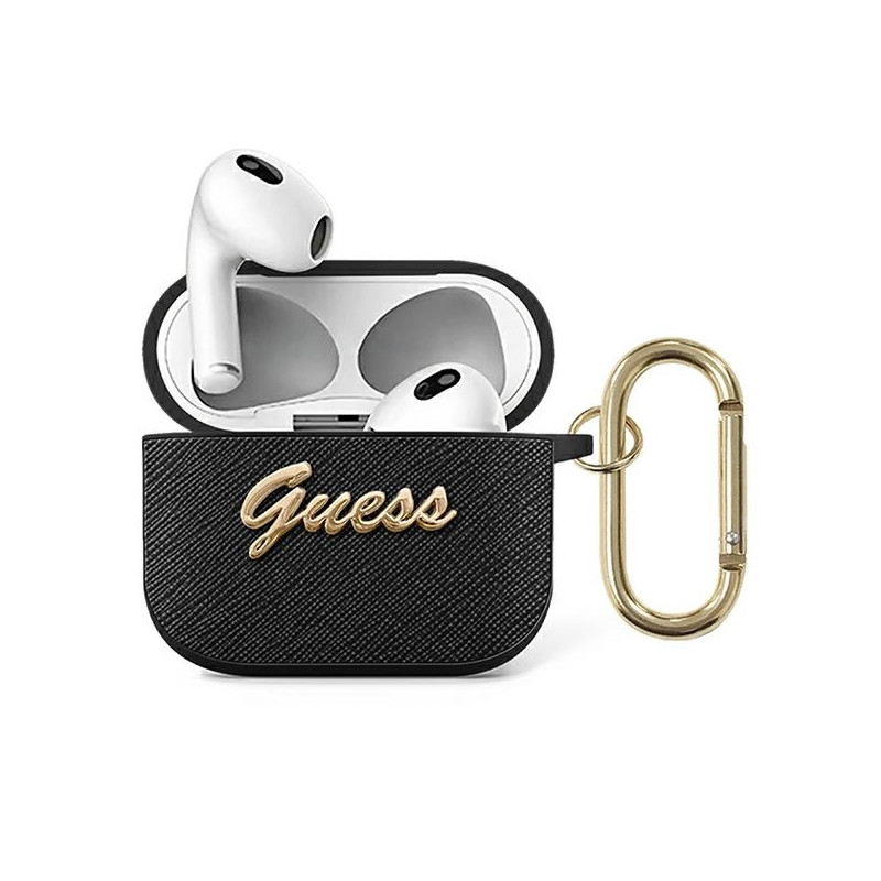 Guess Saffiano Script Metal Collection dėklas, skirtas AirPods 3 - juodas