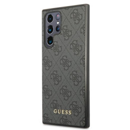 Guess GUHCS22LG4GFGR S22 Ultra S908 pilkas/ pilkas kietas dėklas 4G metalinis auksinis logotipas