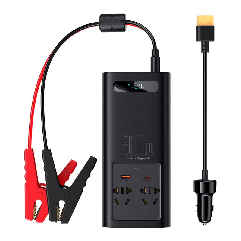Baseus automobilio galios keitiklis 150W 12V / 500W 220V (EU ir CN kištukas) juodas (CGNB000101)
