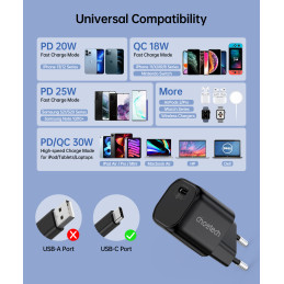 Choetech GaN USB Type C PD sieninis įkroviklis 30W juodas (PD5007)