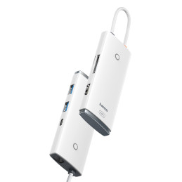 „Baseus Lite“ serijos daugiafunkcis C tipo USB HUB – 2 x USB 3.0 / C tipo USB PD / HDMI 1.4 / SD/ TF baltas (WKQX050102)