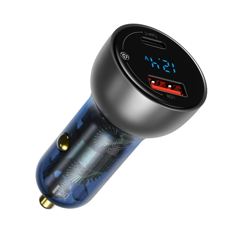 Baseus USB / USB Type C automobilinis įkroviklis 65 W 5 A SCP Quick Charge 4.0+ Power Delivery 3.0 LCD ekranas skaidrus ...