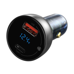 Baseus USB / USB Type C automobilinis įkroviklis 65 W 5 A SCP Quick Charge 4.0+ Power Delivery 3.0 LCD ekranas skaidrus ...
