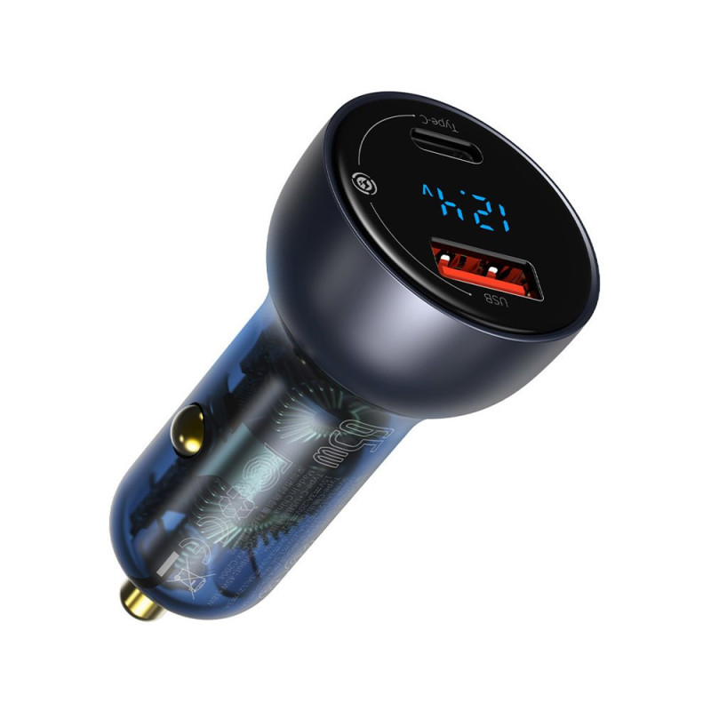 Baseus USB / USB Type C automobilinis įkroviklis 65 W 5 A SCP Quick Charge 4.0+ Power Delivery 3.0 LCD ekranas pilkas (C...