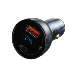 Baseus USB / USB Type C automobilinis įkroviklis 65 W 5 A SCP Quick Charge 4.0+ Power Delivery 3.0 LCD ekranas pilkas (C...