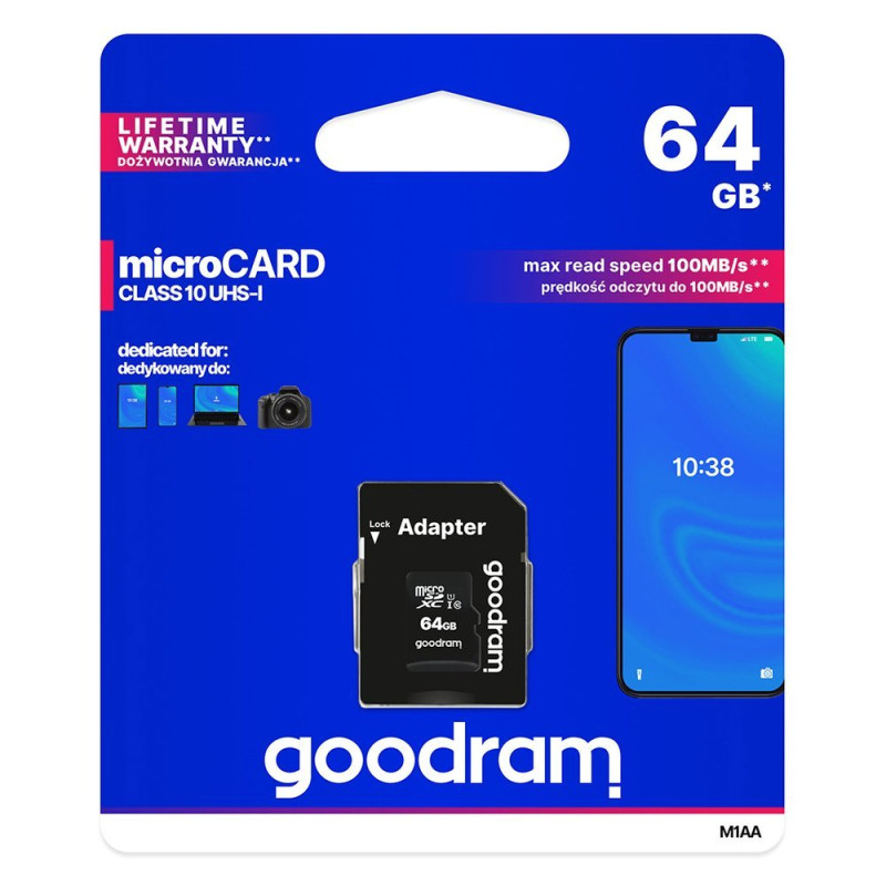 Goodram Microcard 64 GB micro SD XC UHS-I 10 klasės atminties kortelė, SD adapteris (M1AA-0640R12)