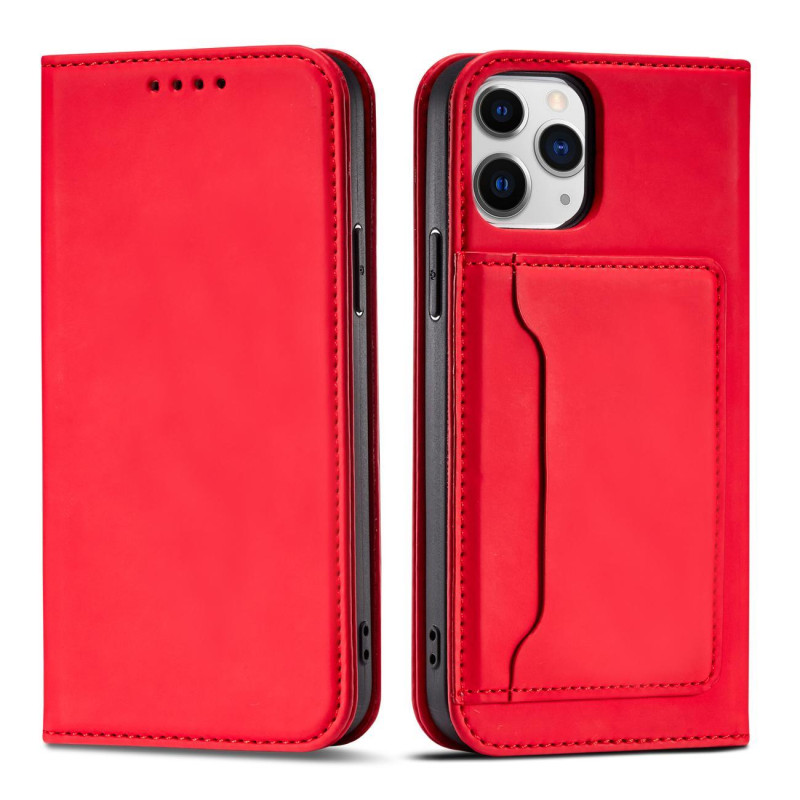 Magnetinis kortelės dėklas iPhone 12 Pro, dangtelis, kortelių piniginė, kortelių stovas, raudonas