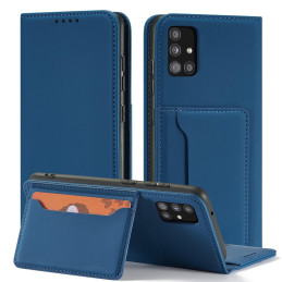 Magnetinės kortelės dėklas, skirtas Samsung Galaxy A12 5G padengti kortelės piniginės kortelių stovas mėlynas