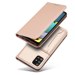 Magnetinės kortelės dėklas, skirtas Samsung Galaxy A12 5G padengti kortelės piniginės kortelių stovas rožinis