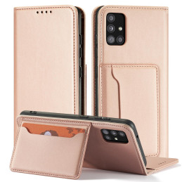 Magnetinės kortelės dėklas, skirtas Samsung Galaxy A12 5G padengti kortelės piniginės kortelių stovas rožinis