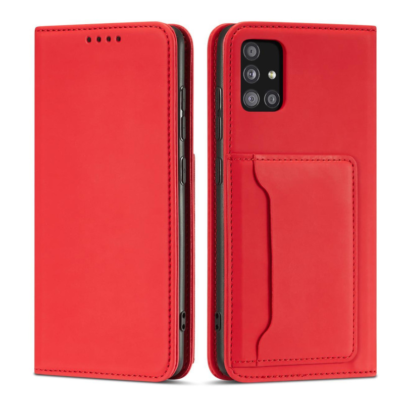 Magnetinis kortelių dėklas Samsung Galaxy A12 5G, dangtelis, kortelių piniginė, kortelių stovas, raudonas