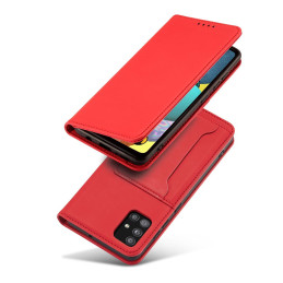 Magnetinis kortelių dėklas Samsung Galaxy A12 5G, dangtelis, kortelių piniginė, kortelių stovas, raudonas