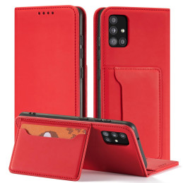 Magnetinis kortelių dėklas Samsung Galaxy A12 5G, dangtelis, kortelių piniginė, kortelių stovas, raudonas