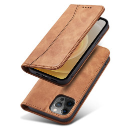 Magnet Fancy Case dėklas skirtas iPhone 12 Pro Max, dangtelis, kortelių piniginė, kortelių stovas, ruda