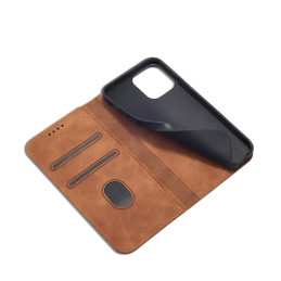 Magnet Fancy Case dėklas skirtas iPhone 13 Pro, dangtelis, kortelių piniginė, kortelių stovas, ruda