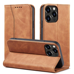 Magnet Fancy Case dėklas skirtas iPhone 13 Pro Max, dangtelis, kortelių piniginė, kortelių stovas, ruda