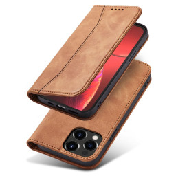 Magnet Fancy Case dėklas skirtas iPhone 13 Pro Max, dangtelis, kortelių piniginė, kortelių stovas, ruda