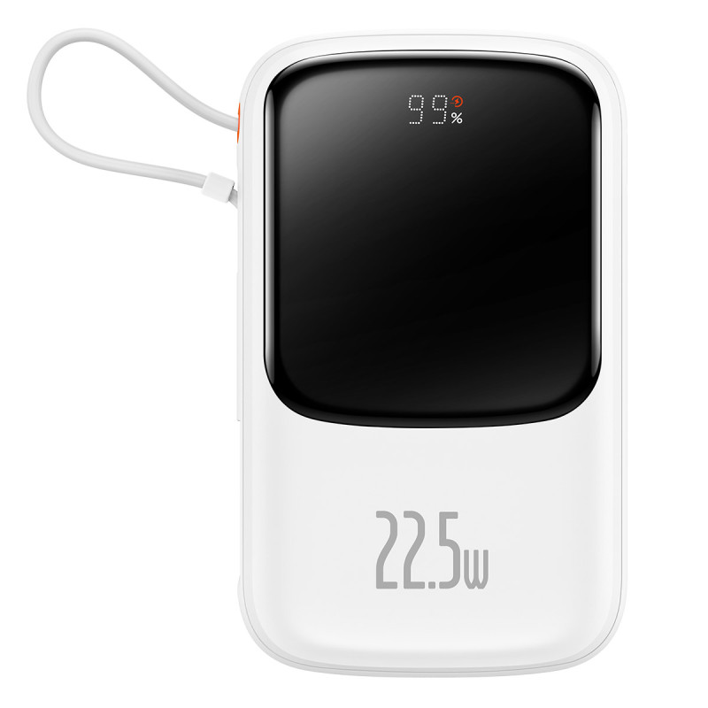 „Baseus Qpow Powerbank“ 10 000 mAh įmontuotas USB tipo C laidas 22,5 W greito įkrovimo SCP AFC FCP baltas (PPQD020102)