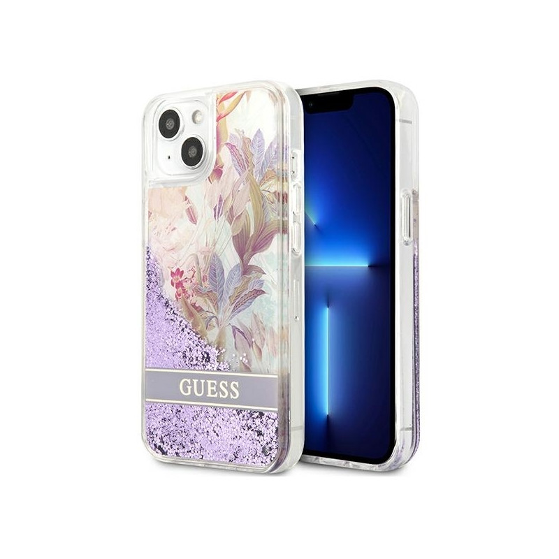 Guess Flower Liquid Glitter dėklas iPhone 13 mini - violetinis