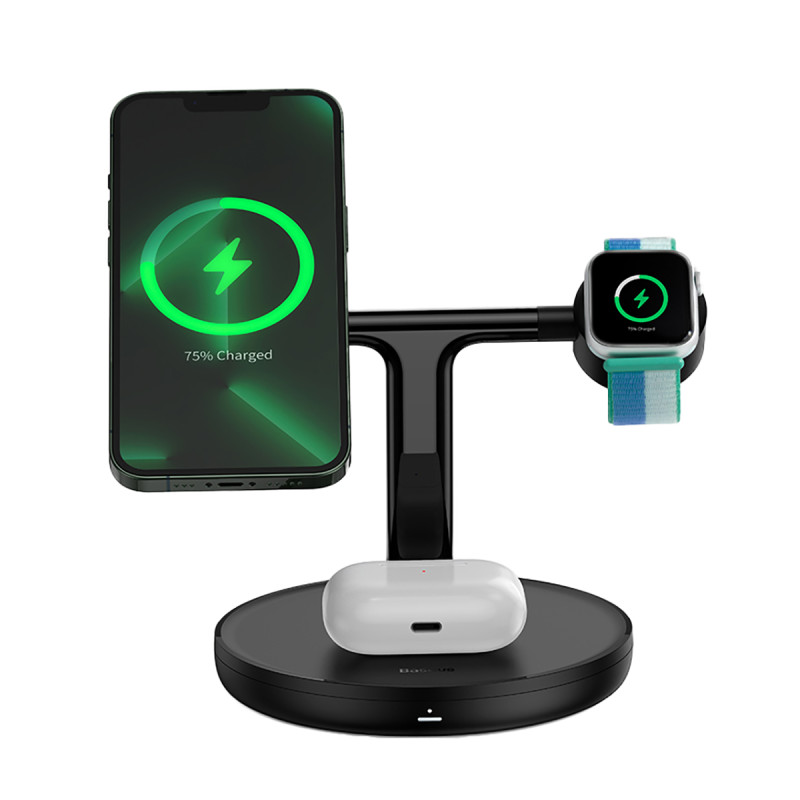 Baseus Swan indukcinis įkroviklis (suderinamas su MagSafe) stovas iPhone, Apple Watch, AirPods + USB-C laidas 1m juodas ...