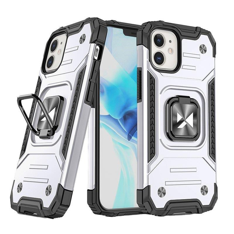 Wozinsky Ring Armor dėklas iPhone 14 šarvuoto dangtelio magnetinio laikiklio žiedo sidabras
