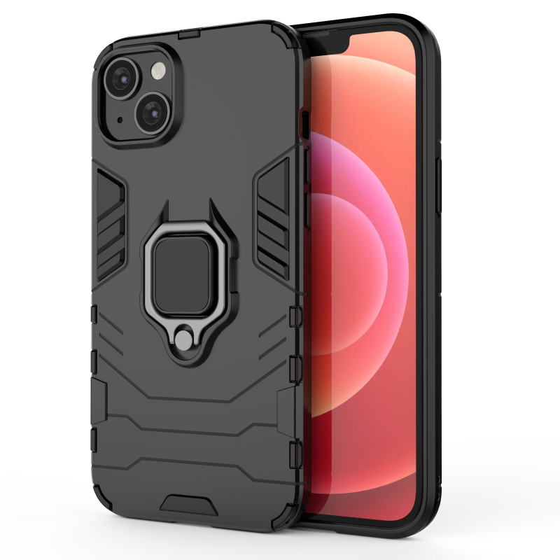 Ring Armor dėklas iPhone 14, šarvuotas dangtelis, magnetinis žiedo laikiklis, juodas