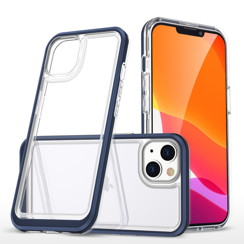 Skaidrus 3in1 iPhone 14 dėklas, silikoninis dangtelis su rėmeliu, mėlynas