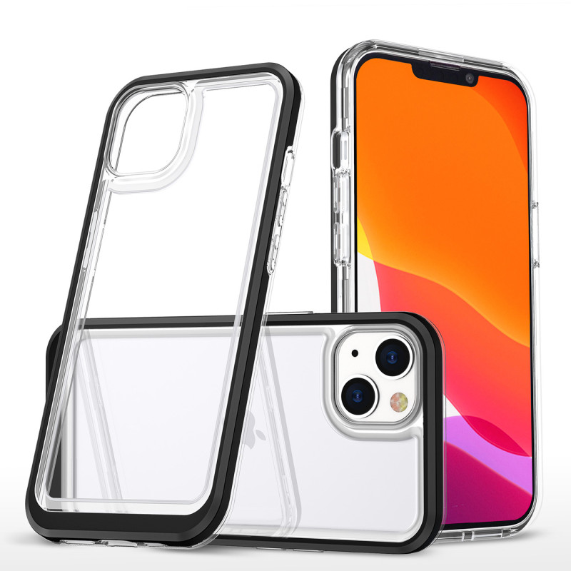 Skaidrus 3in1 iPhone 14 Plus dėklas, silikoninis dangtelis su rėmeliu, juodas