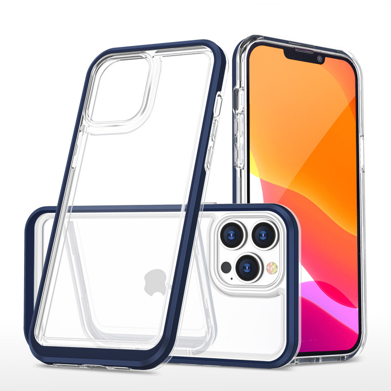 Skaidrus 3in1 iPhone 14 Pro dėklas, silikoninis dangtelis su rėmeliu, mėlynas
