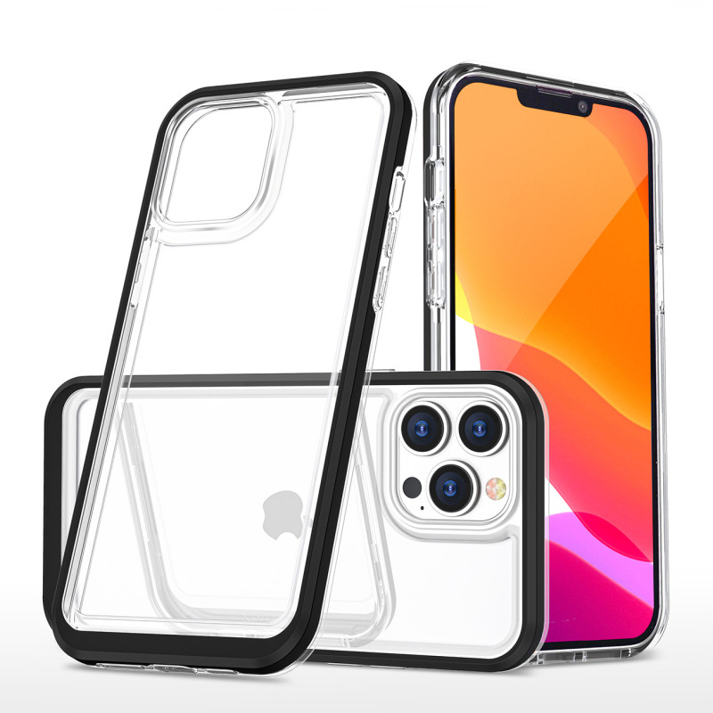 Skaidrus 3in1 iPhone 14 Pro Max dėklas, silikoninis dangtelis su rėmeliu, juodas