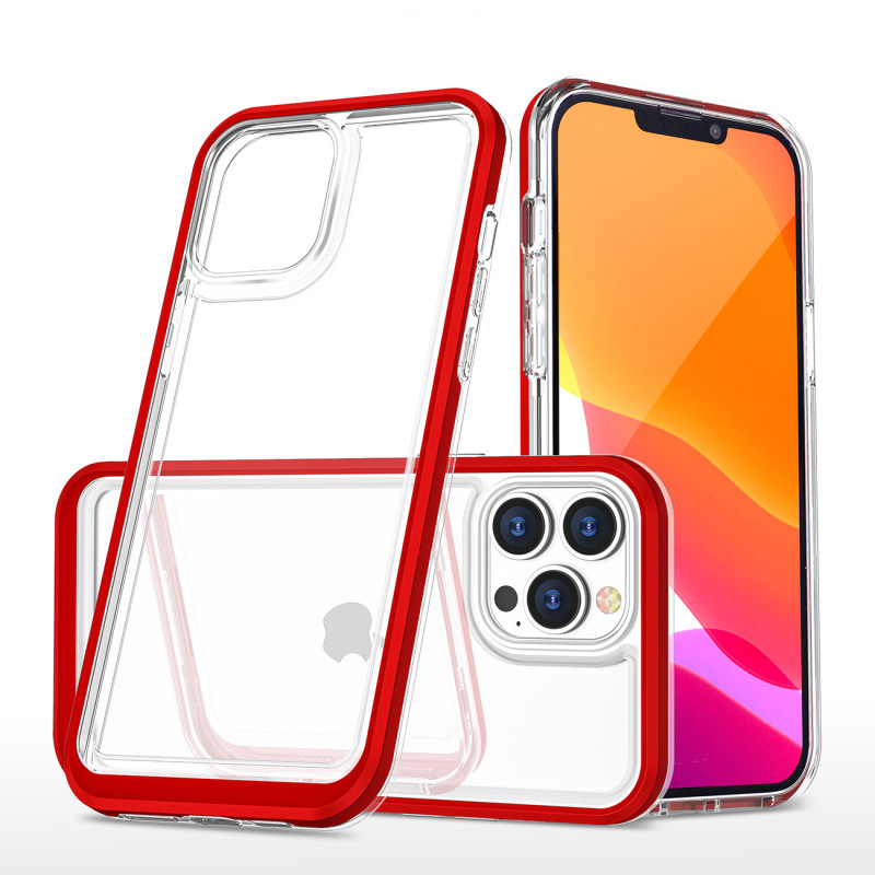 Skaidrus 3in1 iPhone 14 Pro Max dėklas, silikoninis dangtelis su raudonu rėmeliu