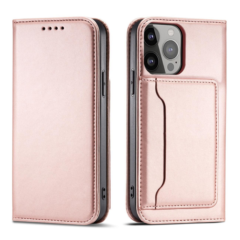 Magnetinės kortelės dėklas iPhone 14 Plus dėklo dangtelis su atvartu, rožinės spalvos piniginės stovu