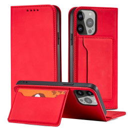 Magnetinės kortelės dėklas iPhone 14 Pro dėklo dangtelis su atlenktu piniginės stovu raudonas
