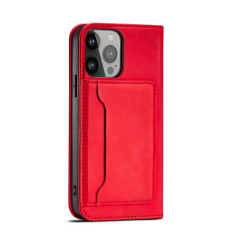 Magnetinės kortelės dėklas iPhone 14 Pro dėklo dangtelis su atlenktu piniginės stovu raudonas