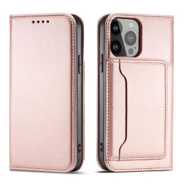 Magnetinės kortelės dėklas iPhone 14 Pro dėklo dangtelis su atvartu, rožinės spalvos piniginės stovu