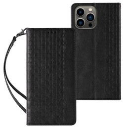Magnetinio dirželio dėklas iPhone 14 Plus dėklas, atverčiamas dangtelis, piniginė, mini diržas, stovas, juodas