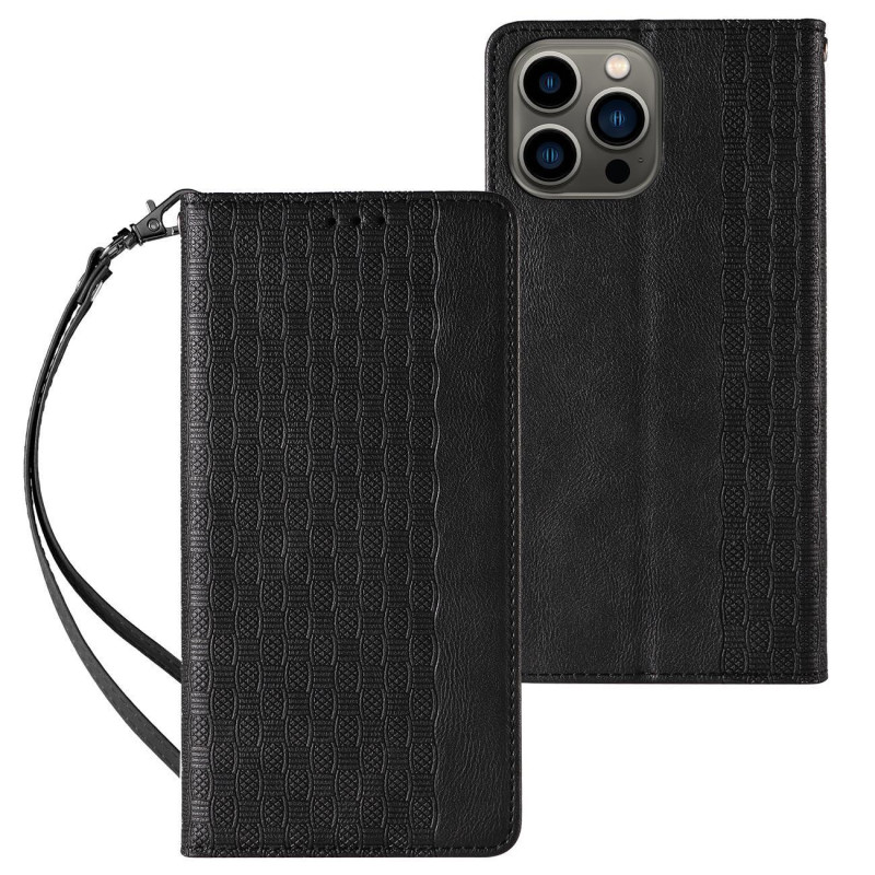 Magnetinio dirželio dėklas iPhone 14 Pro dėklas, atverčiamas dangtelis, piniginė, mini diržas, stovas, juodas