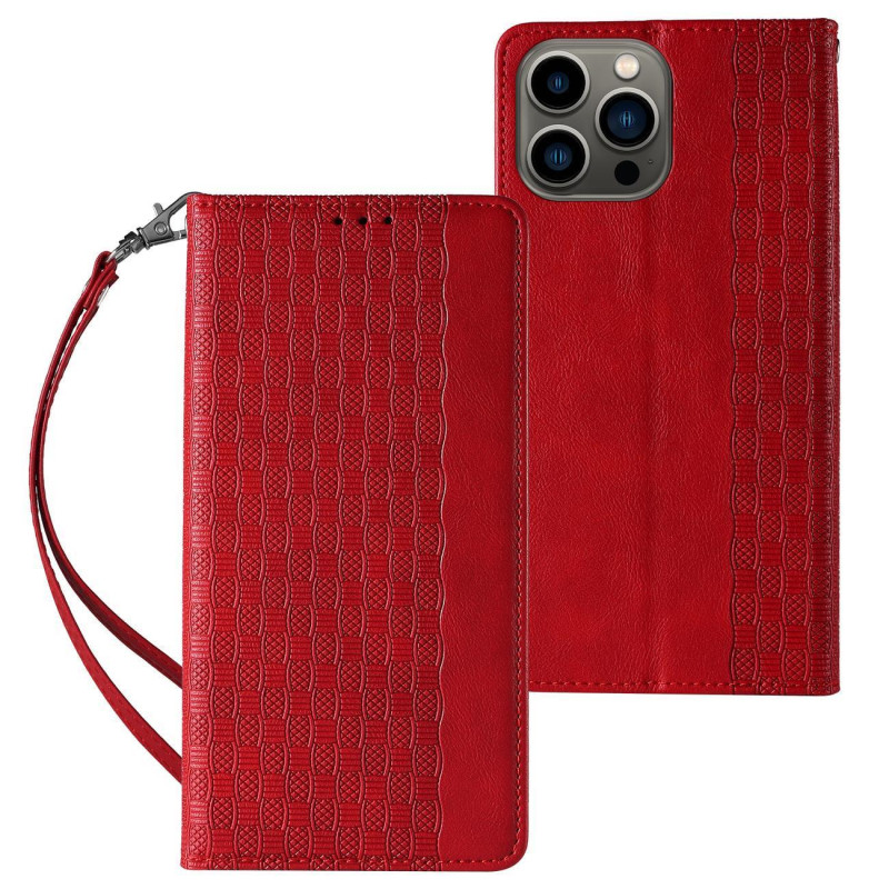 Magnetinio dirželio dėklas iPhone 14 Pro dėklas, atverčiamas dangtelis, piniginė, mini diržas, stovas, raudona
