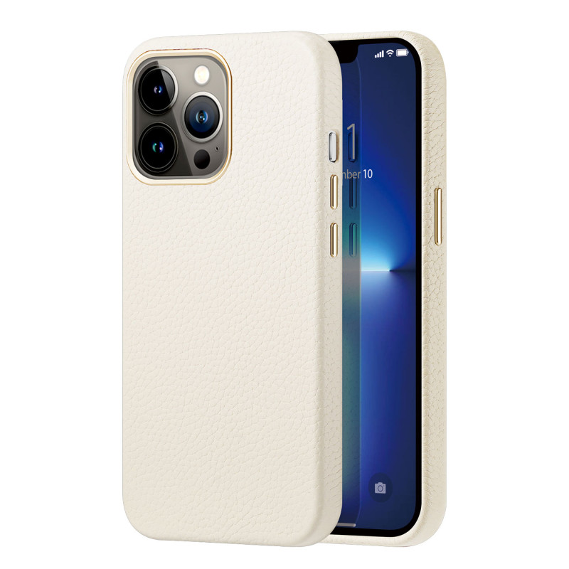 Dux Ducis Roma odinis dėklas iPhone 13 Pro, elegantiškas dangtelis iš natūralios baltos odos