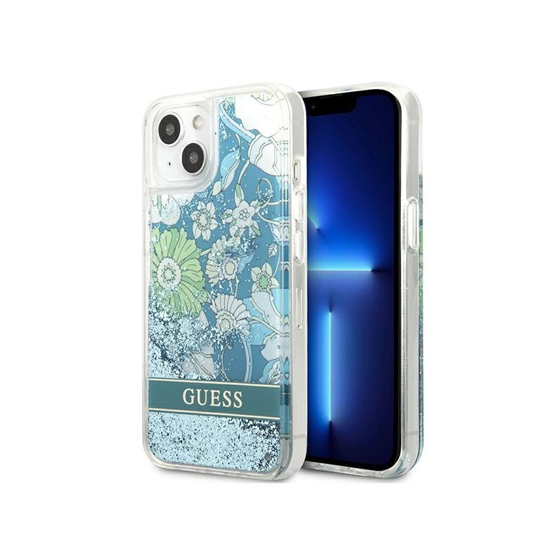 Guess Flower Liquid Glitter dėklas iPhone 13 mini - žalias