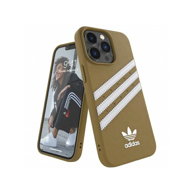 Adidas OR Molded Case PU, skirtas iPhone 13 Pro / iPhone 13 - smėlio ir aukso spalvos