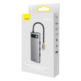 HUB Baseus Metal Gleam 8in1 USB-C - HDMI / 3x USB 3.2 / PD / SD kortelių skaitytuvas, TF / VGA - pilka
