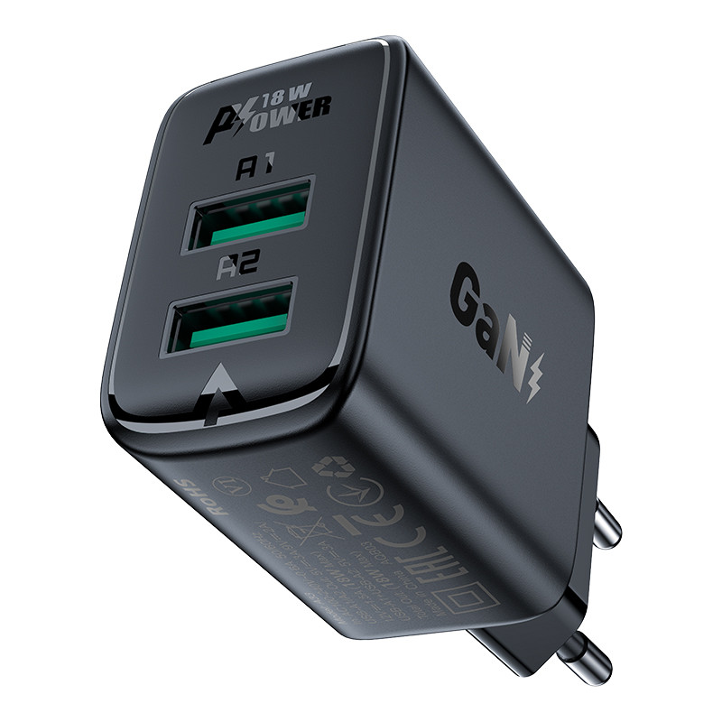 Acefast sieninis įkroviklis 2x USB 18W QC 3.0, AFC, FCP juoda (A33 juoda)
