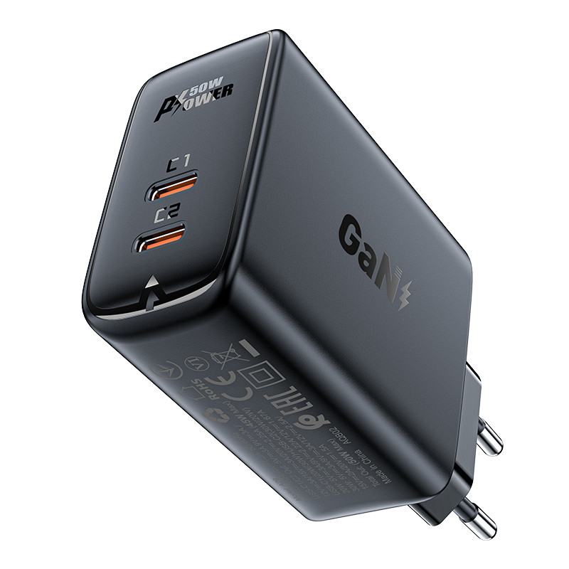 Acefast A29 PD50W GaN (USB-C+USB-C) dviejų prievadų įkroviklis juodas